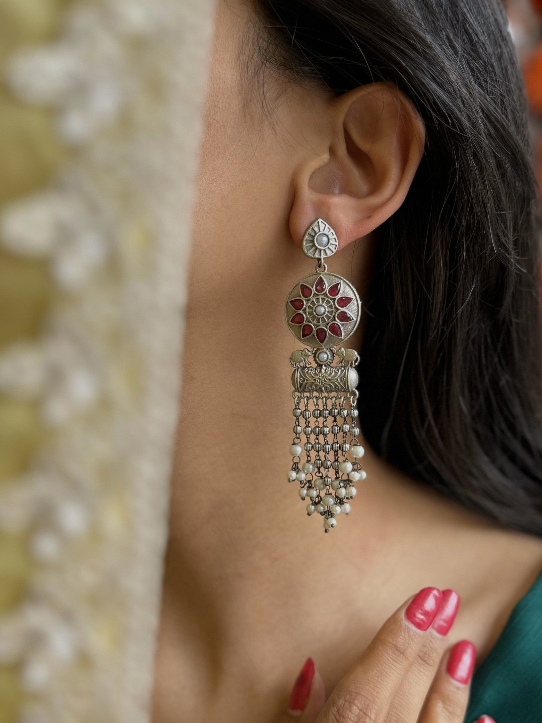 Janpath Online Silver-Plated Artificial Stones Studded And Beaded Floral Drop Earrings