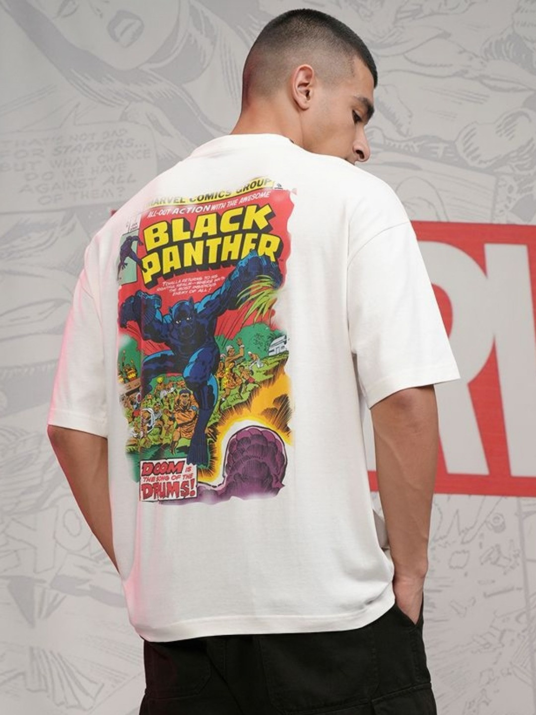 HIGHLANDER Marvel Panther Men Round Neck Drop Shoulder Oversized T-shirt