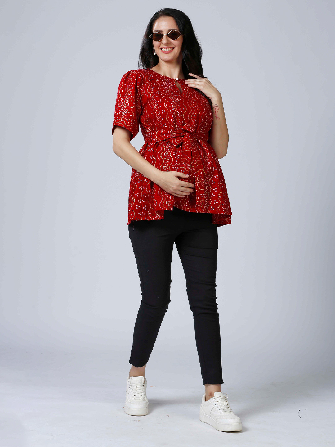 Mom For Sure by Ketki Dalal Floral Print Keyhole Neck Puff Sleeve Ethnic Cotton Peplum Top