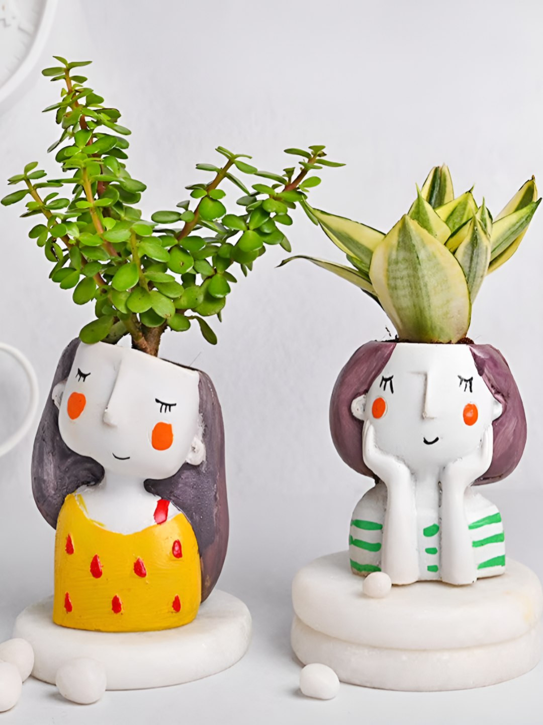 Floweraura Green & White Artistic Pots & Plants Combo