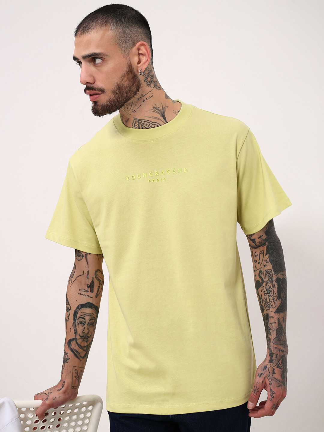 SHOWOFF Men Solid Typography Embosed Relaxed Fit Cotton T-shirt