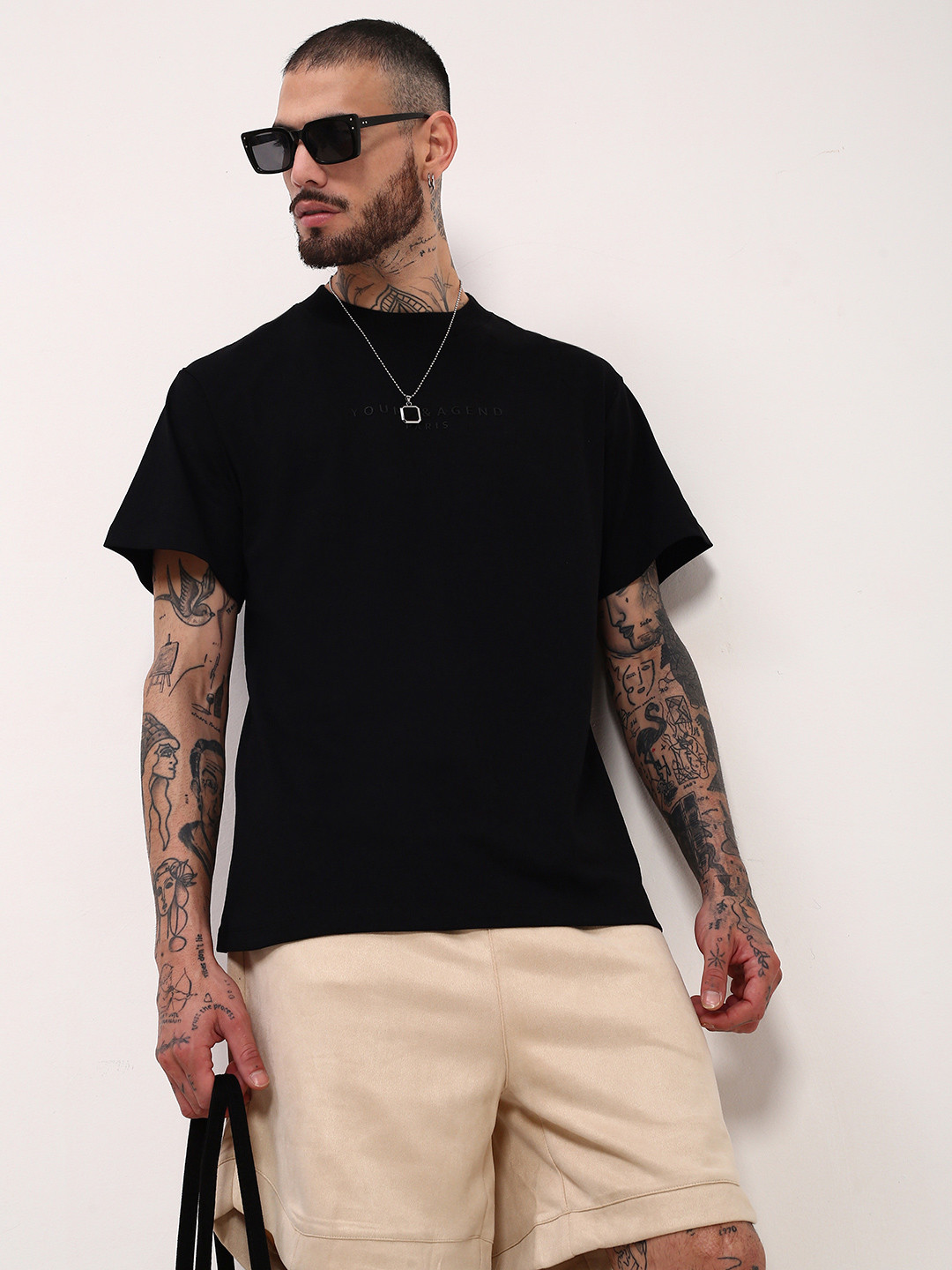 SHOWOFF Men Solid Typography Embosed Relaxed Fit Cotton T-shirt