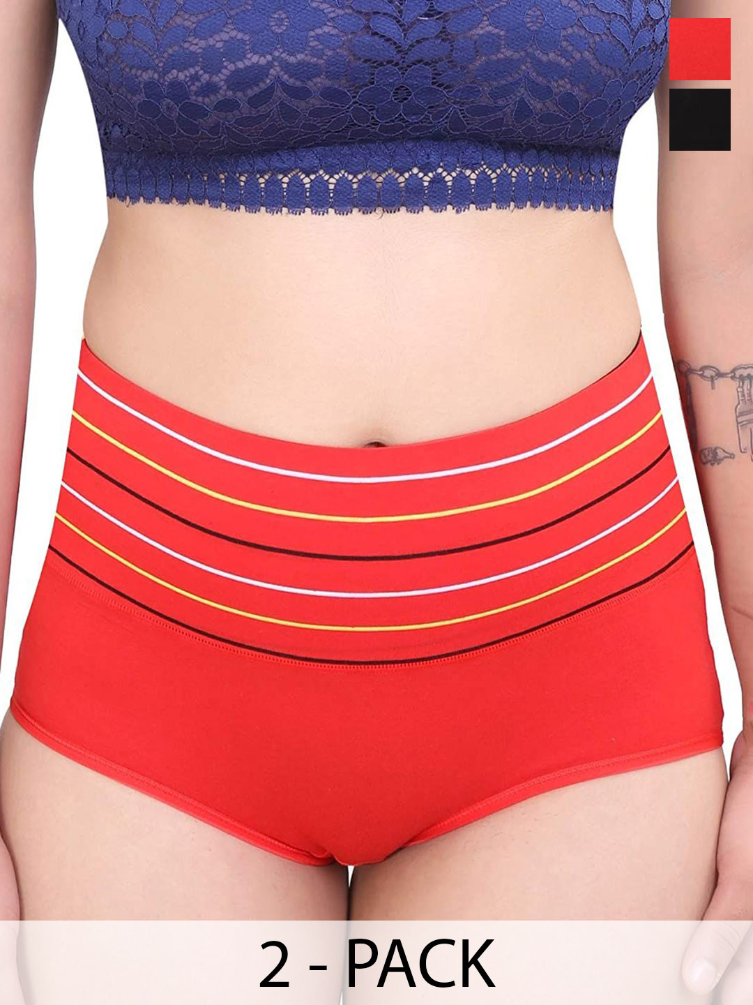 SHREE GANESH FASHION 2-Pcs Striped Cotton Hipster Briefs 2076 RD BK 002 M