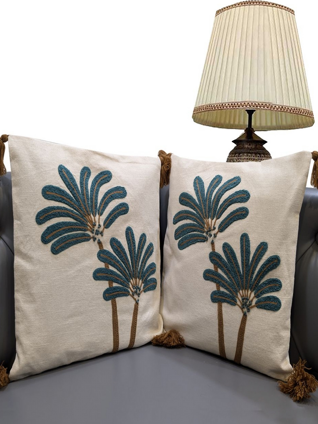 Good Vibes Off White & Green Set of 2 Embroidered Square Cushion Covers