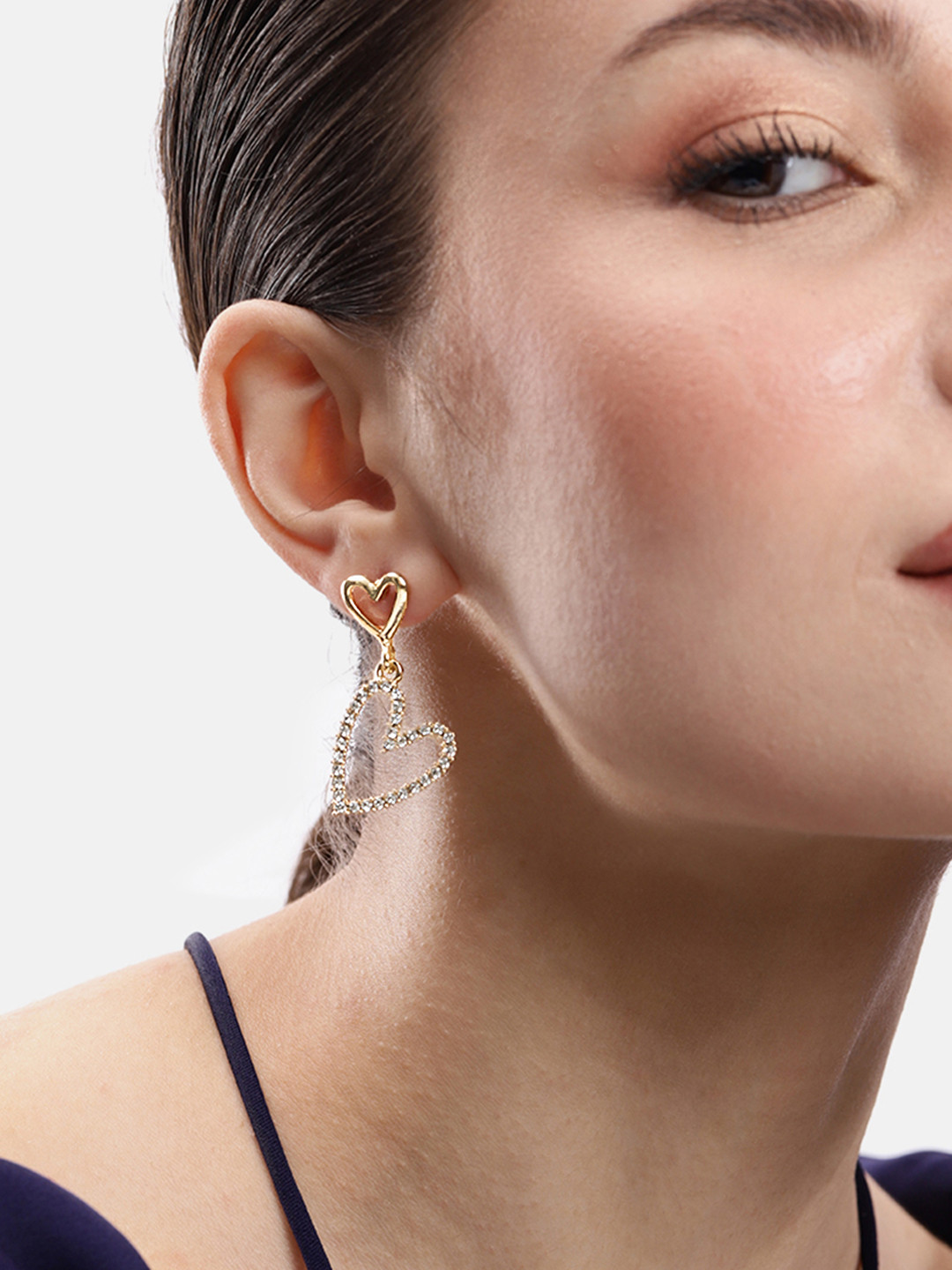 DressBerry Heart Shaped Stone-Studded Drop Earrings