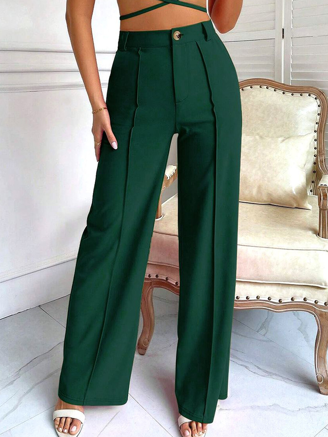 Green Mid-Rise Loose Fit Wide Leg Trousers
