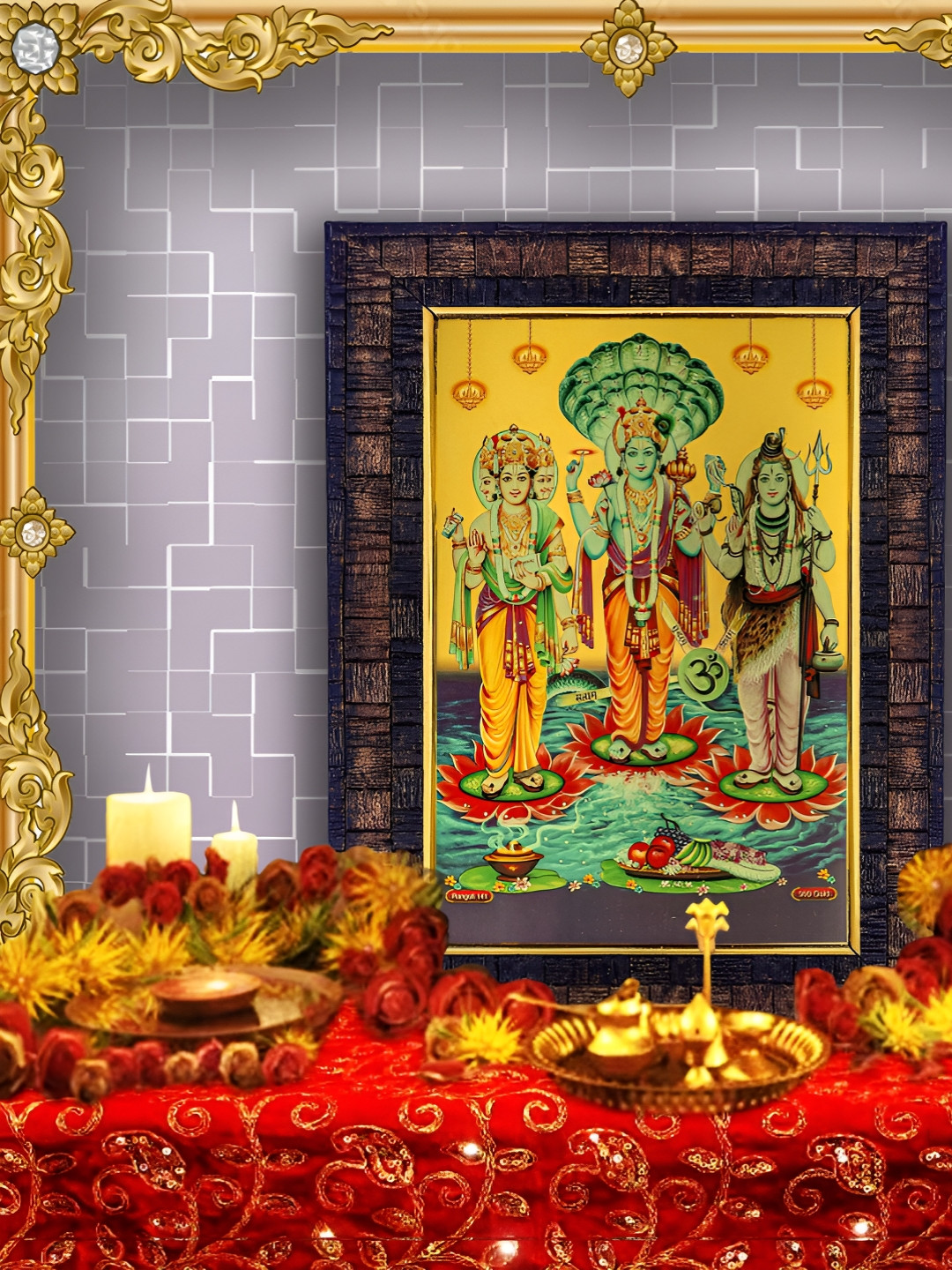 Hawai Lord Bramha Vishnu Mahesh Wood Wall Living Room Rectangle Photographs Wall Art