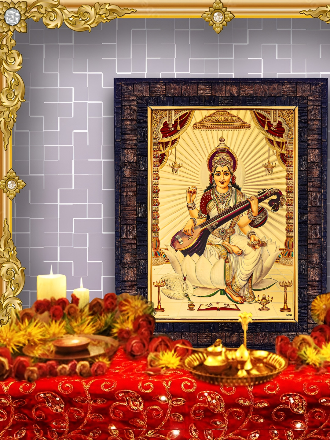 Hawai Goddess Saraswati Wood Wall Rectangle Paintings Wall Art - 13.5x10In