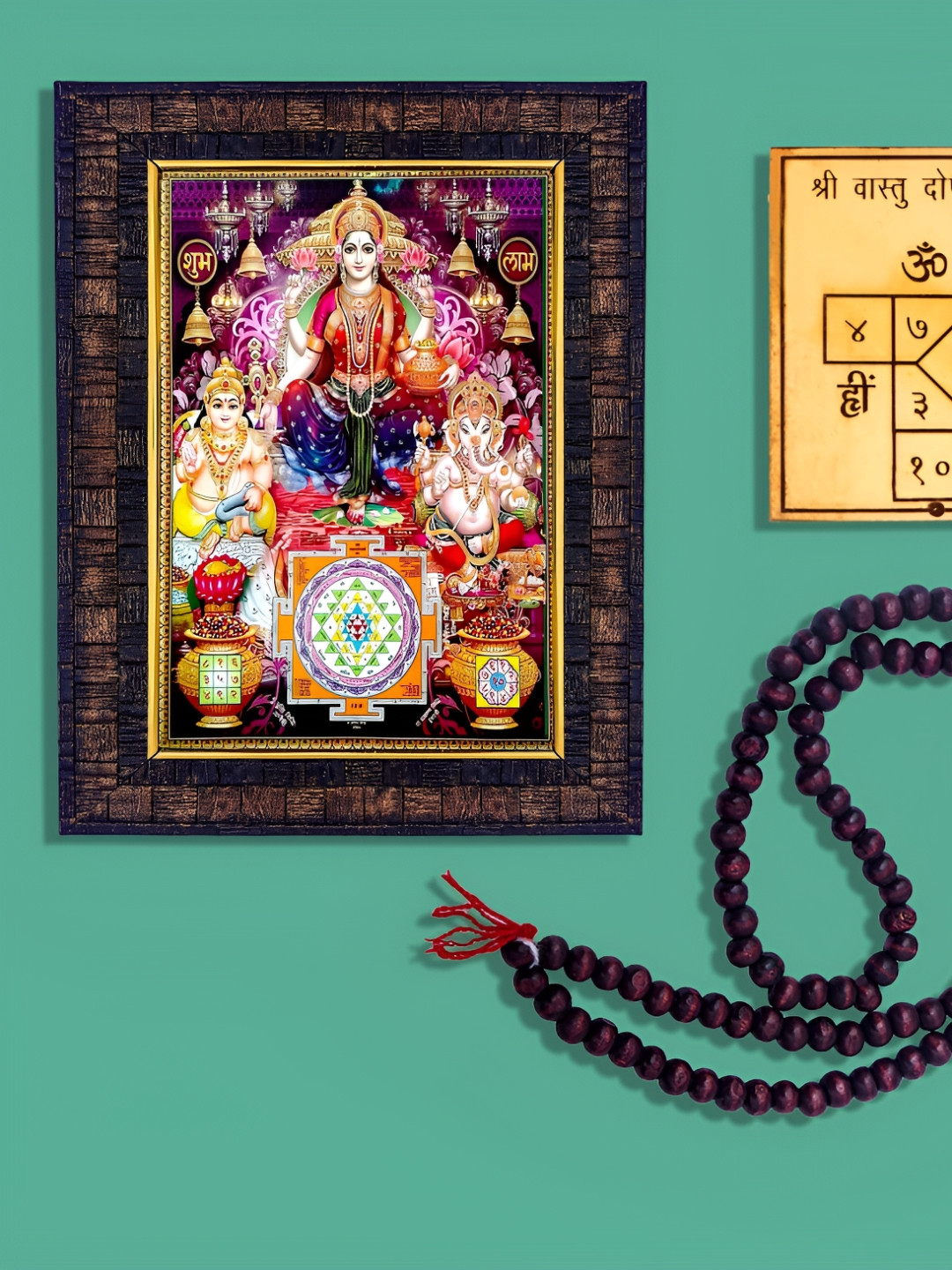 Hawai Kuber Laxmi Ganesh Wood Wall Rectangle Photographs Wall Art - 8.5 x 6.5 in