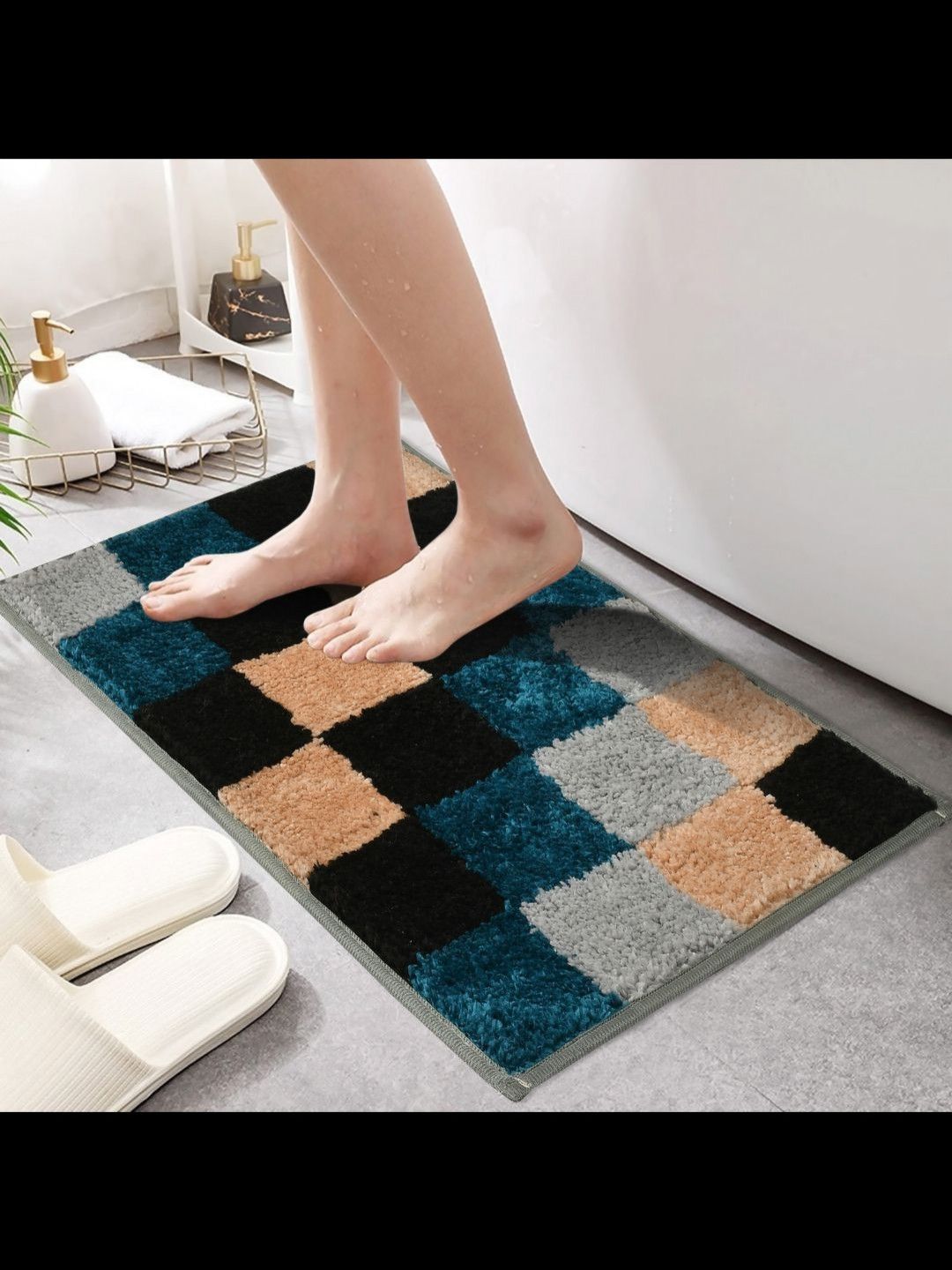 MAA ME CONCEPT Grey & Teal Blue Square Box Design Microfiber Bath Rug