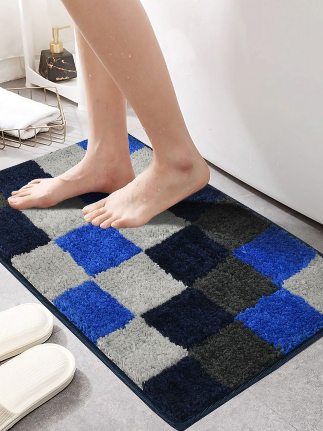 MAA ME CONCEPT Blue & Grey Square Box Design Microfiber Bath Rug