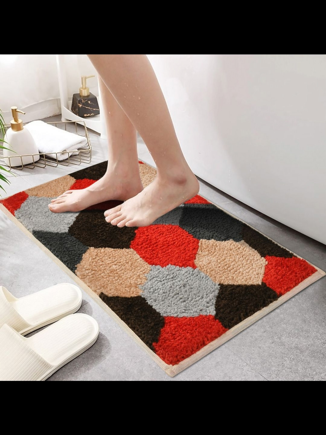 MAA ME CONCEPT Beige & Red Football Design Microfiber Bath Rug