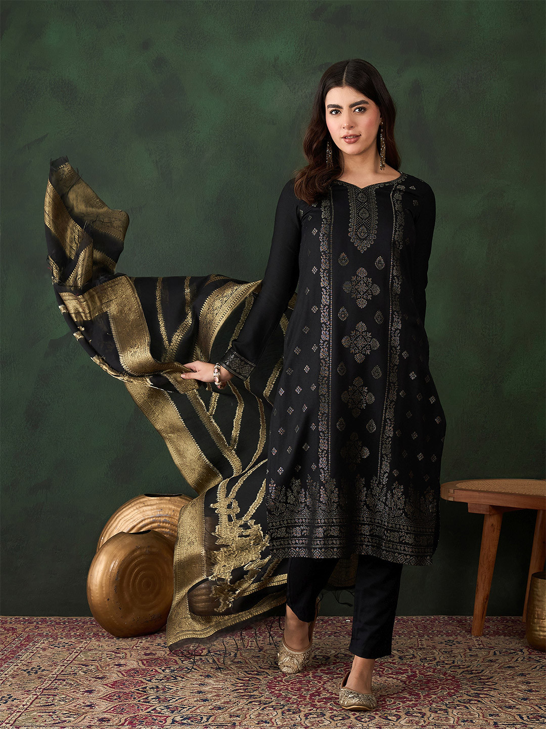 Sangria Self Designed Straight Winterwear  Kurta & Trouser With Dupatta