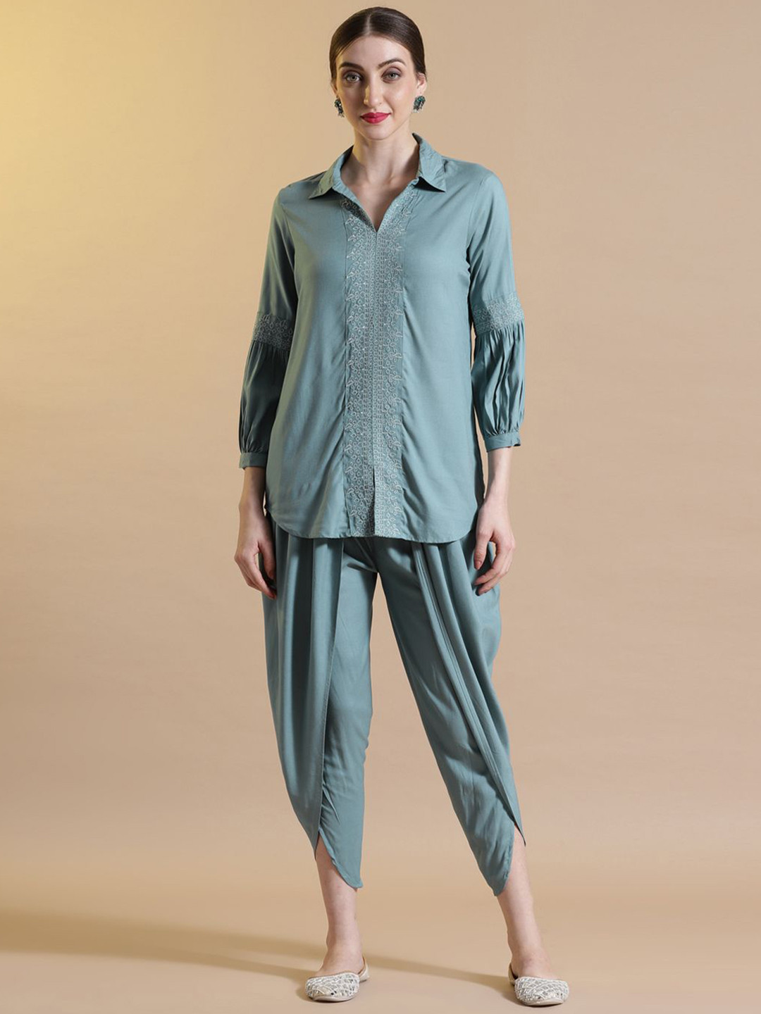 STYLEBAAZI Shirt Collar Puffed Sleeves Floral Embroidered Straight Kurta With Dhoti Pants