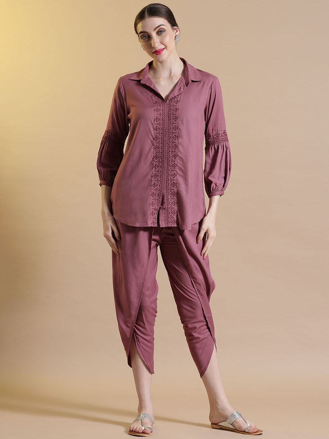 STYLEBAAZI Floral Embroidered Shirt Collar Top With Dhoti Pants