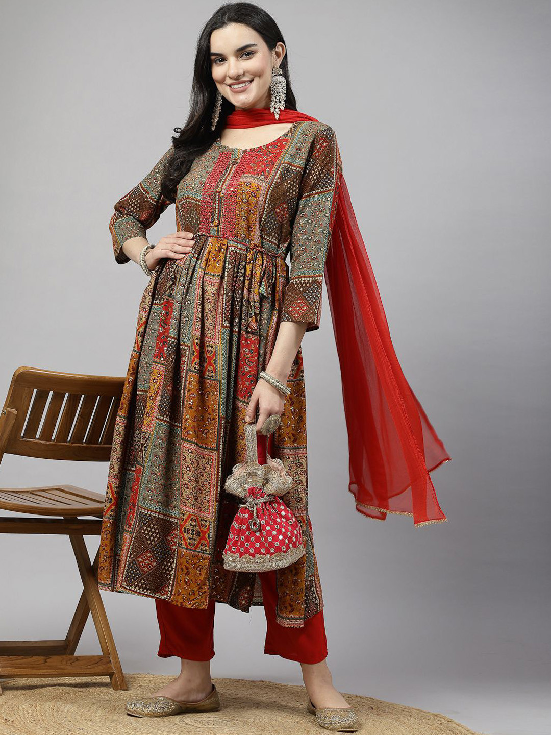 Meet Desires Ethnic Motifs Printed Mirror Work Anarkali Kurta With Trouser And Dupatta