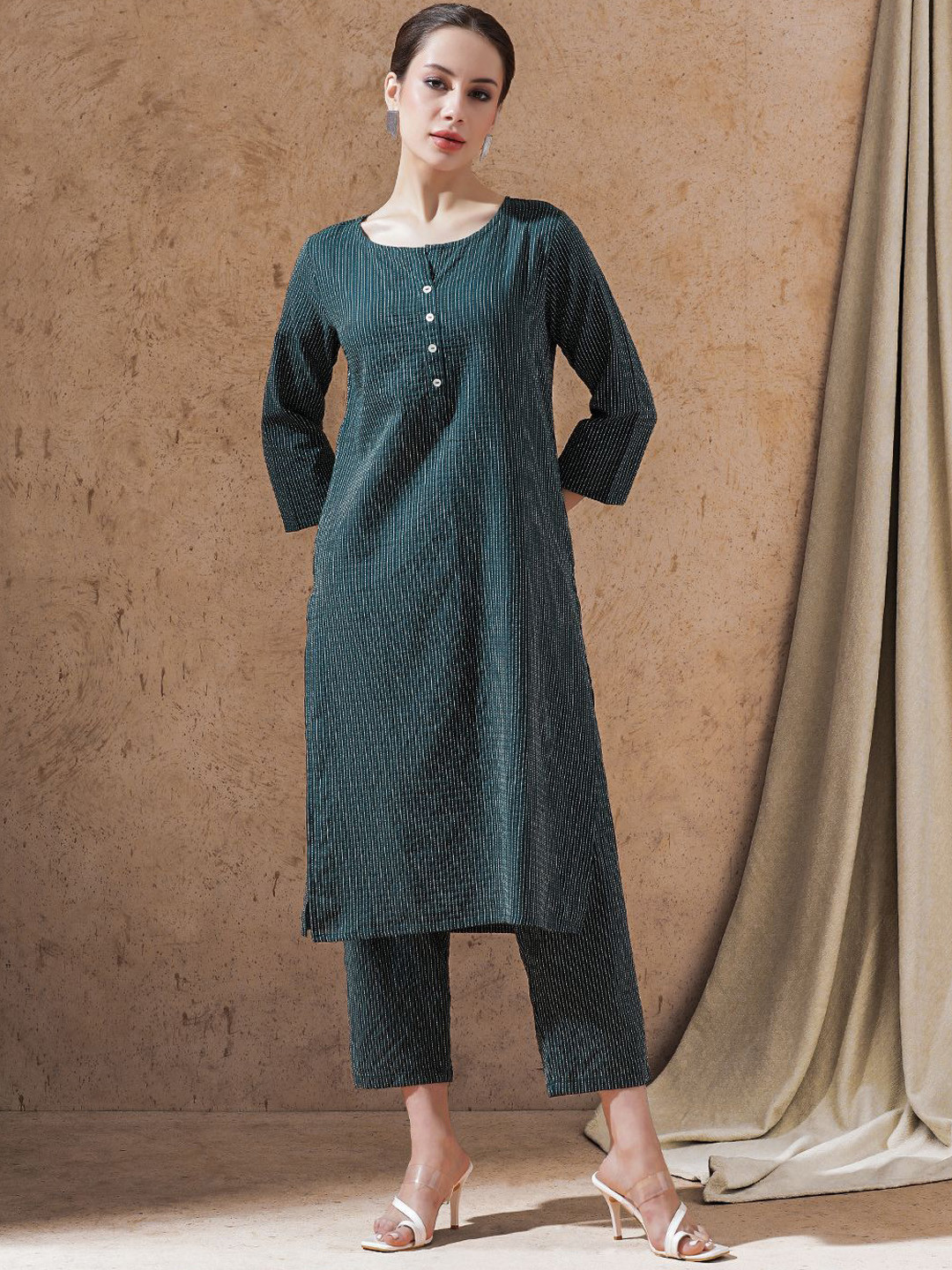 STYLEBAAZI Round Neck Kantha Work Pure Cotton Straight Kurta With Trouser