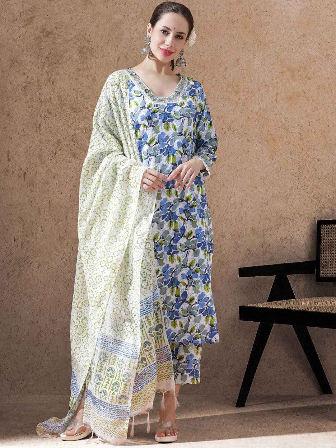 STYLEBAAZI Floral Printed Kantha V-Neck Pure Cotton Kurta With Trousers & Dupatta