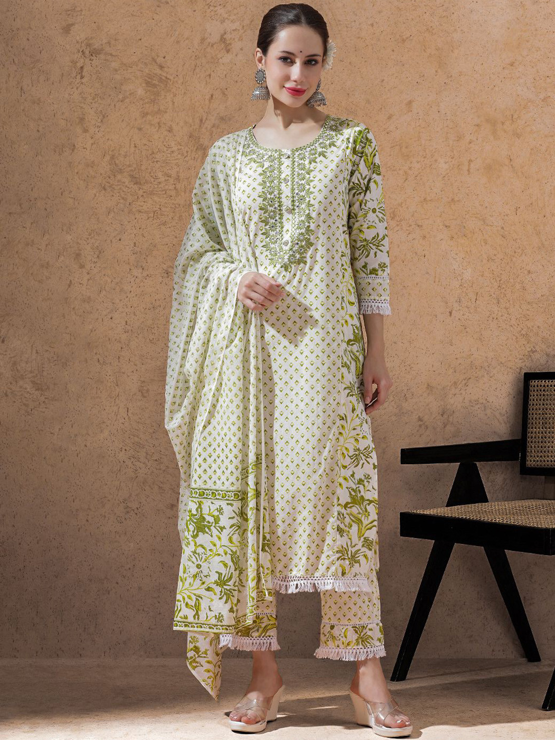 STYLEBAAZI Floral Embroidered Miroor Work Pure Cotton Kurta With Trousers And Dupatta