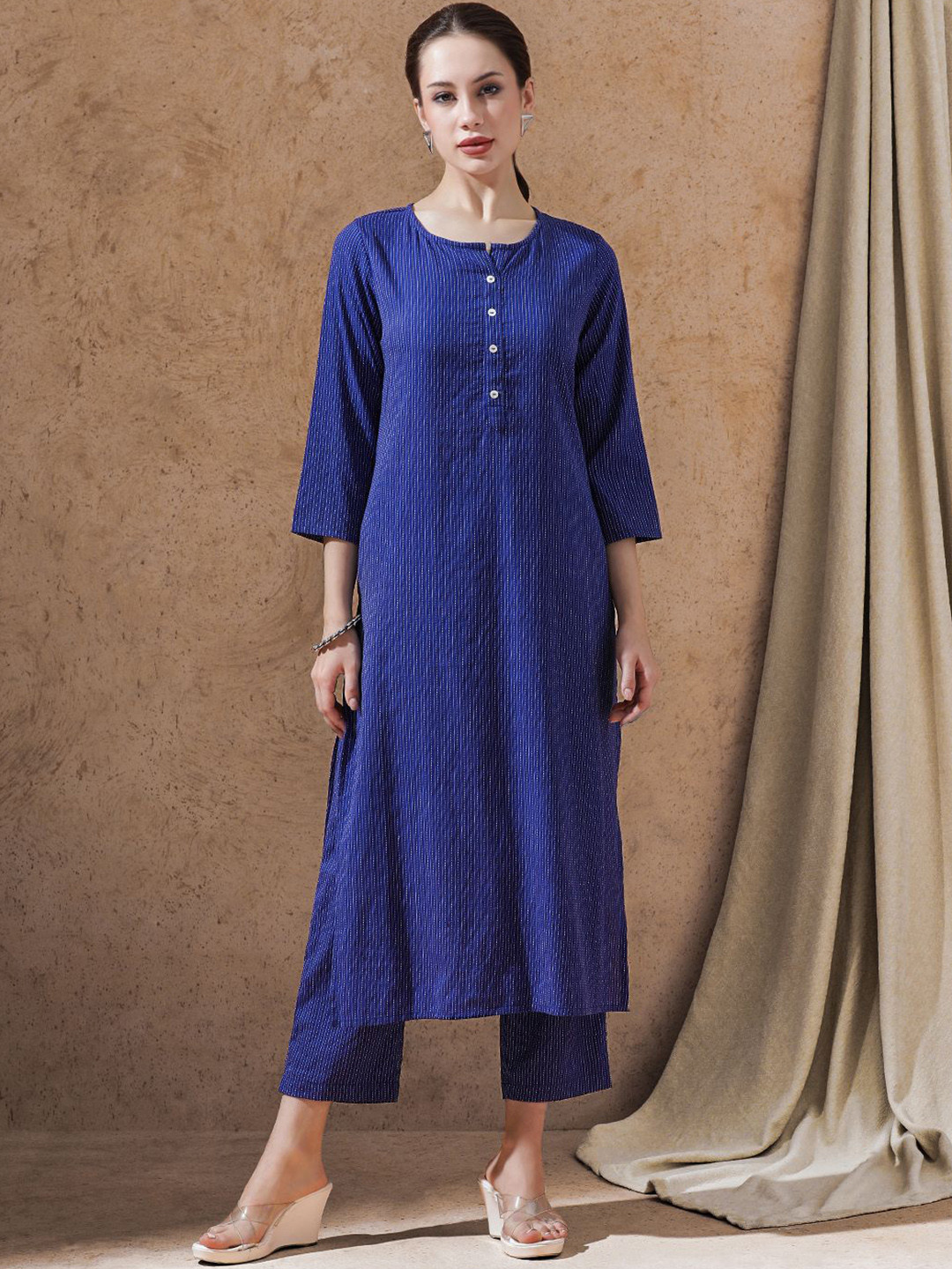 STYLEBAAZI Striped Kantha Work Pure Cotton Straight Kurta with Trousers