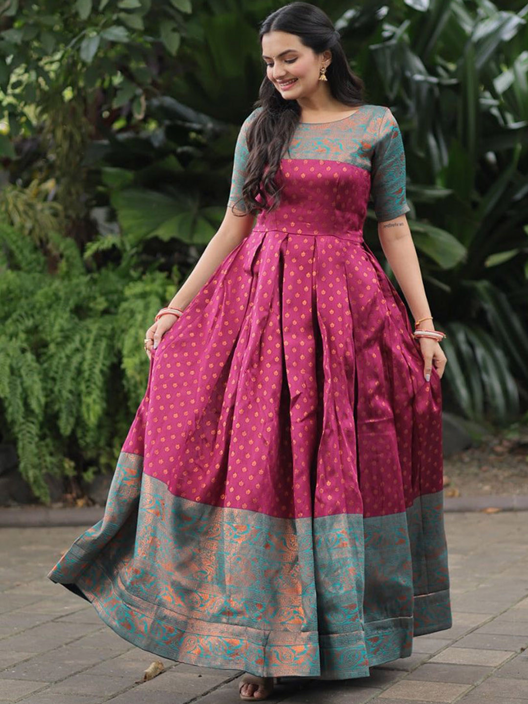 BAESD Woven Design Round Neck Art Silk Anarkali Kurta