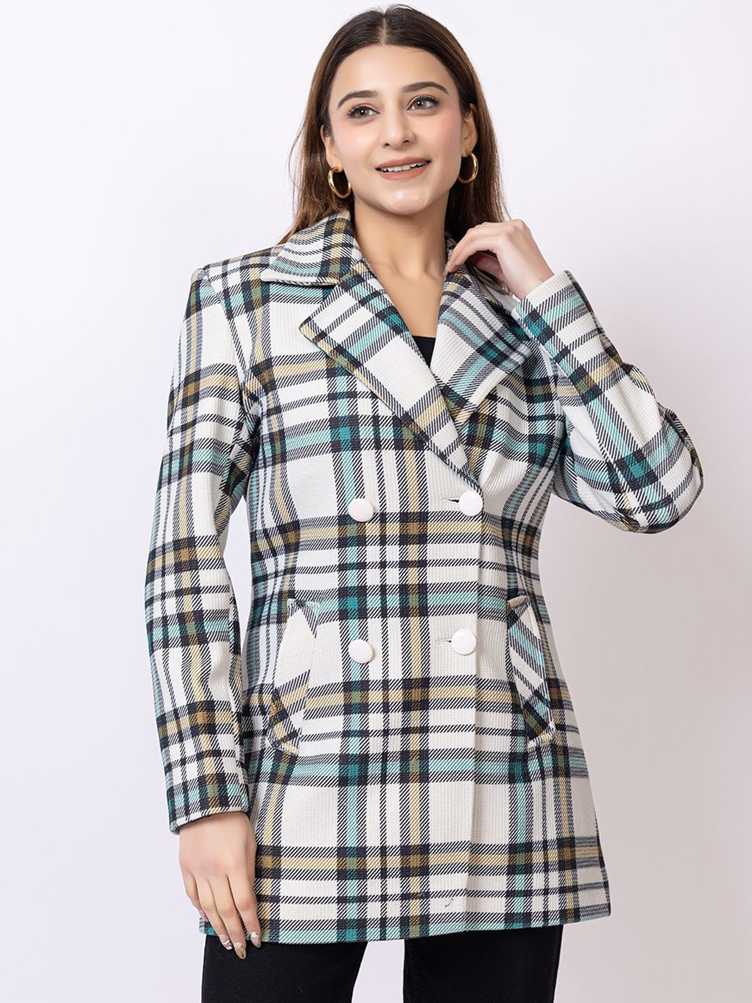 GEE 5 Women Checked Notched Lapel Double Breasted Overcoat
