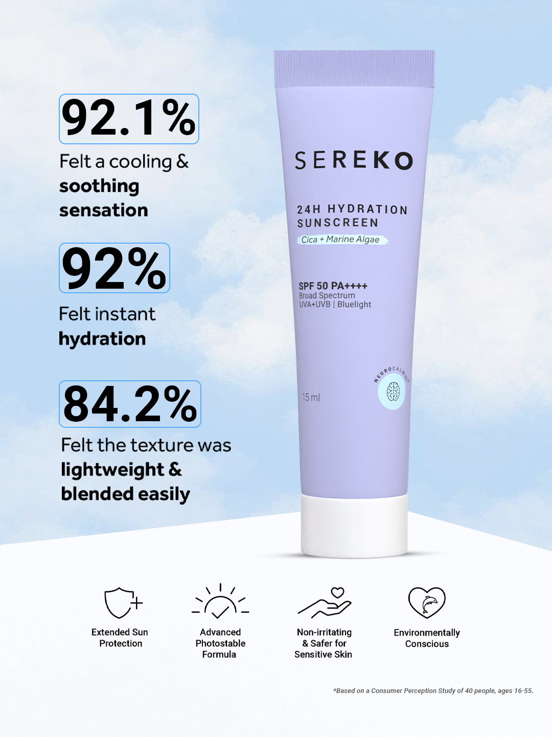 SEREKO 24H Hydration SPF 50 Lightweight Face Sunscreen With Cica & Marine Algae - 15 ml