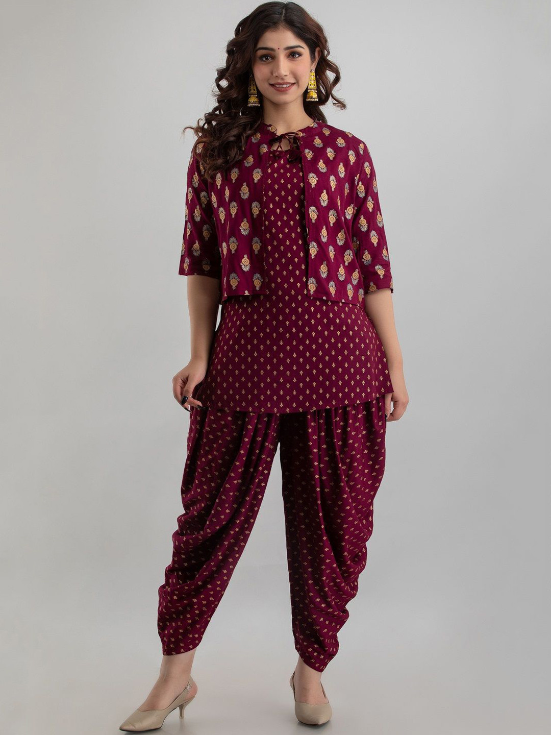 SHEESHAM Floral Printed Straight Kurti With Dhoti Pants And Jacket