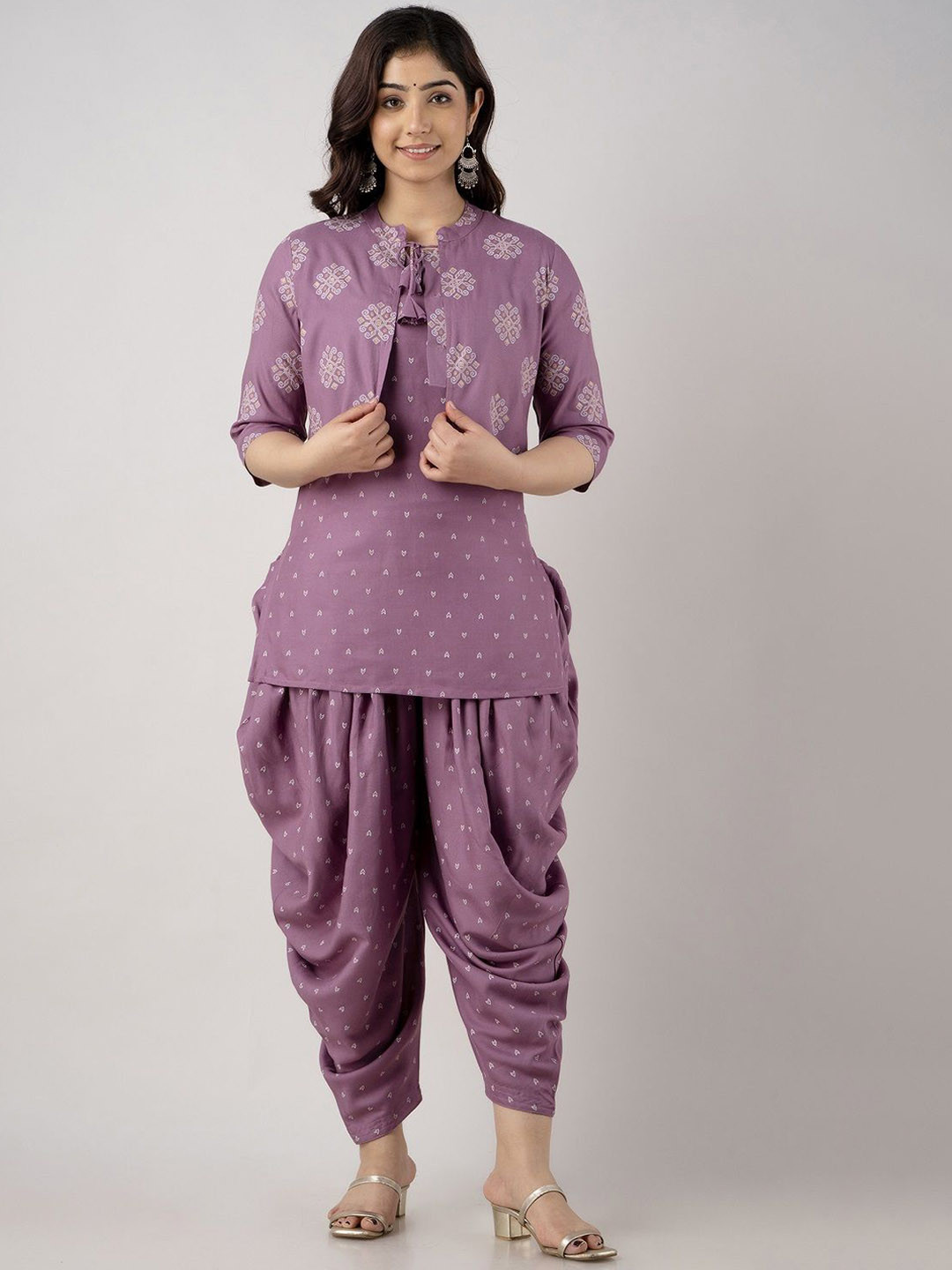 SHEESHAM Abstract Printed Straight Kurti With Dhoti Pants And Jacket