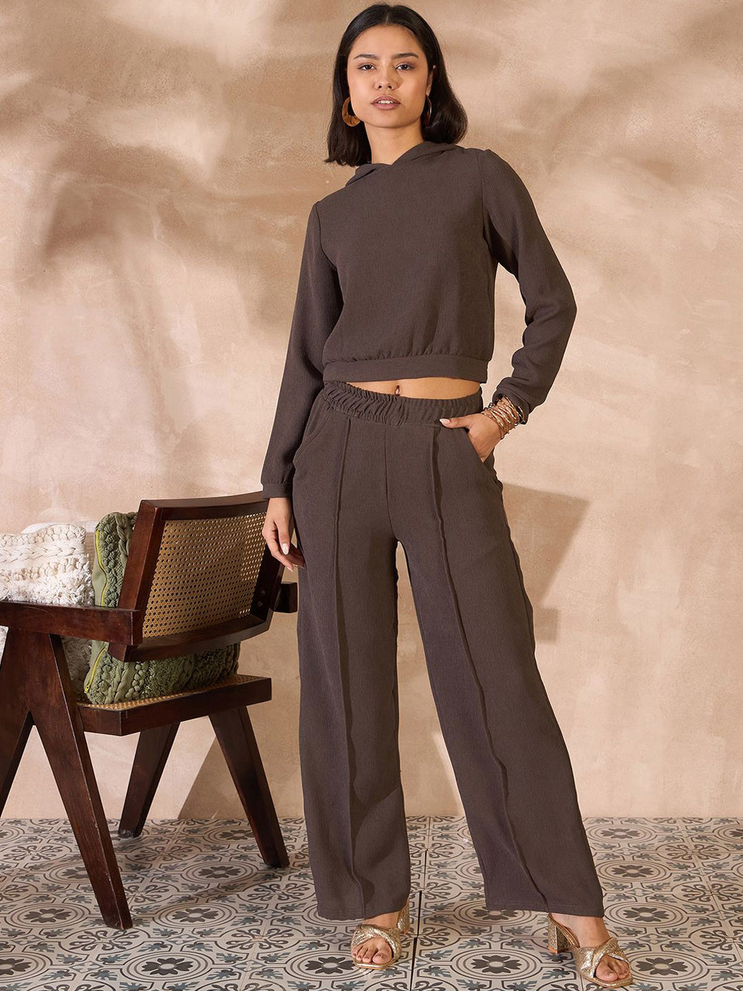 all about you Coffee Brown Hooded Sweatshirt With Trousers