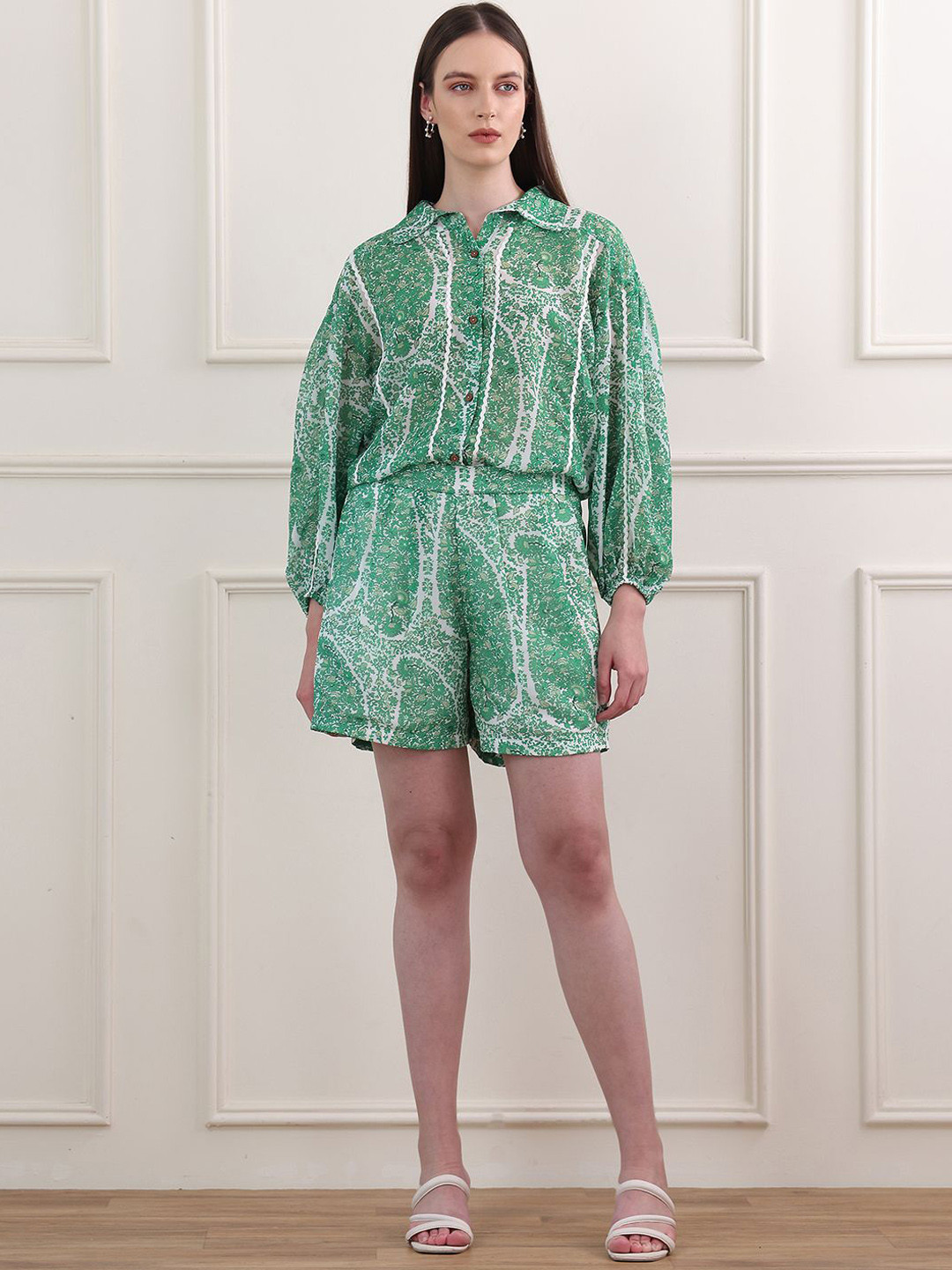 OBSHIVKA Flow & Flair Printed Puff Sleeves Shirt With Shorts
