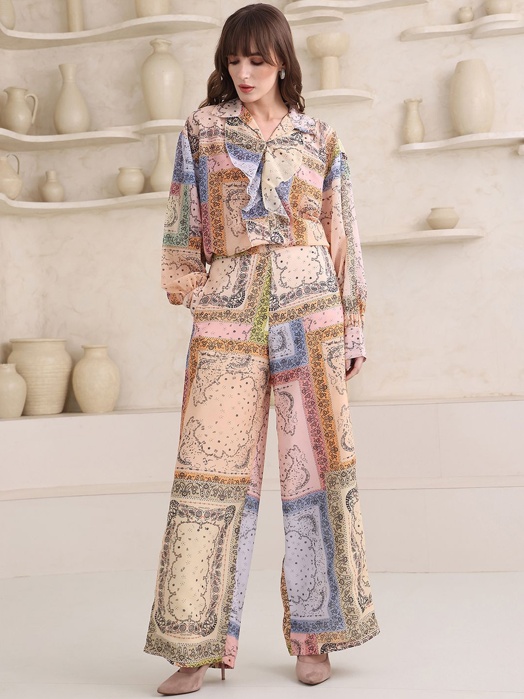 OBSHIVKA Flow & Flair Printed Shirt Collar Top With Palazzo