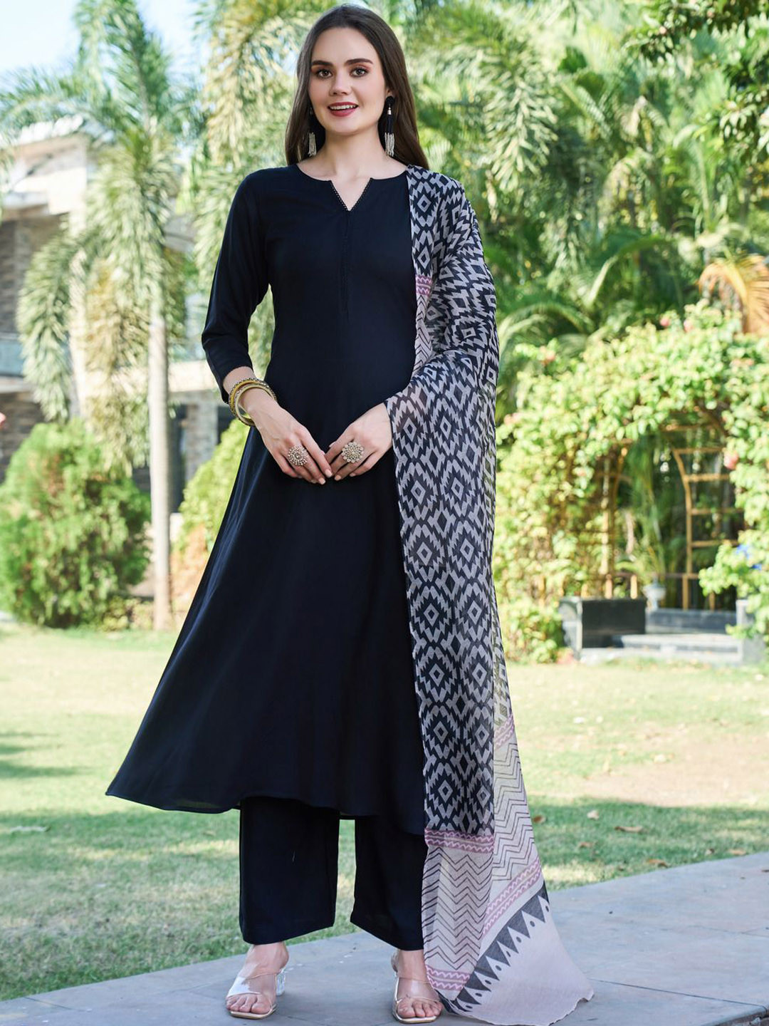 GoSriKi Notch Neck Straight Kurta With Trousers And Dupatta