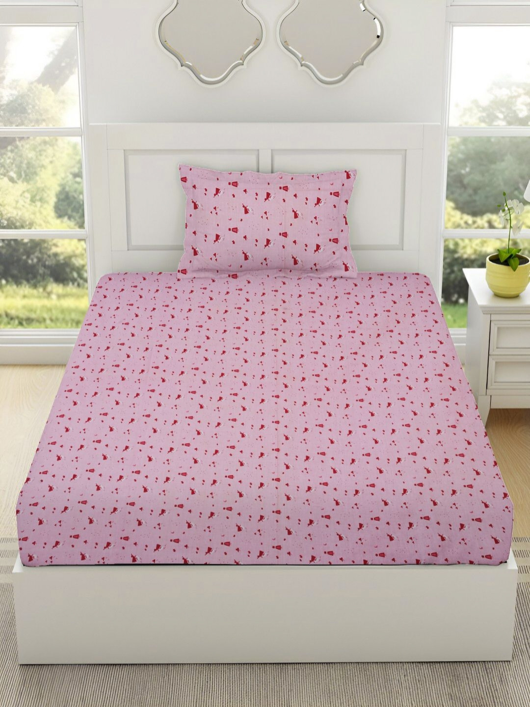 RRC Rr Creations Pink Cartoon Characters Cotton 144 TC Single Bedsheet with a Pillow Cover-152 x 228 cm