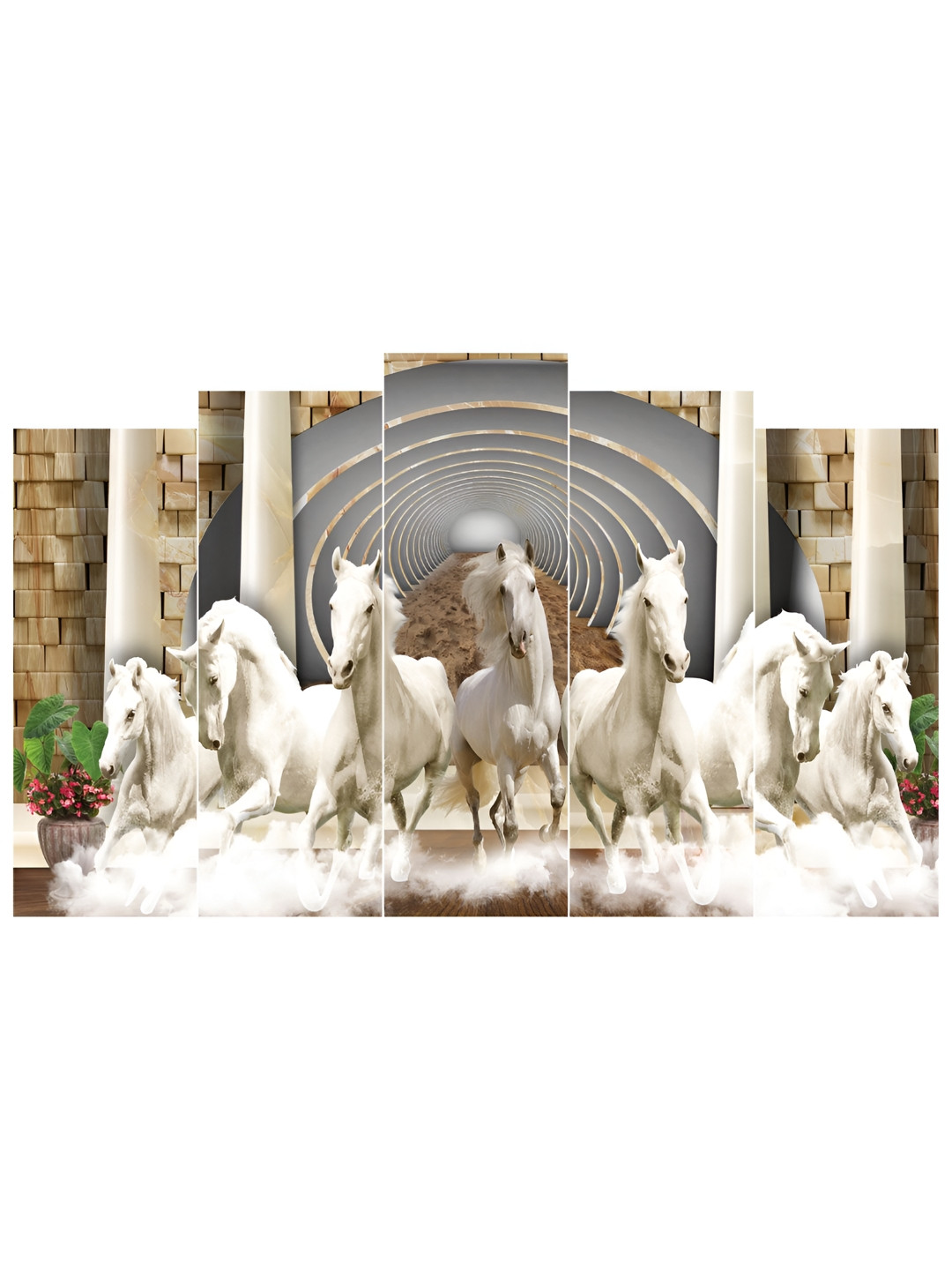 Inephos Cream and Grey 5 Piece Birds and Animals Printed Vinyl Wall Art