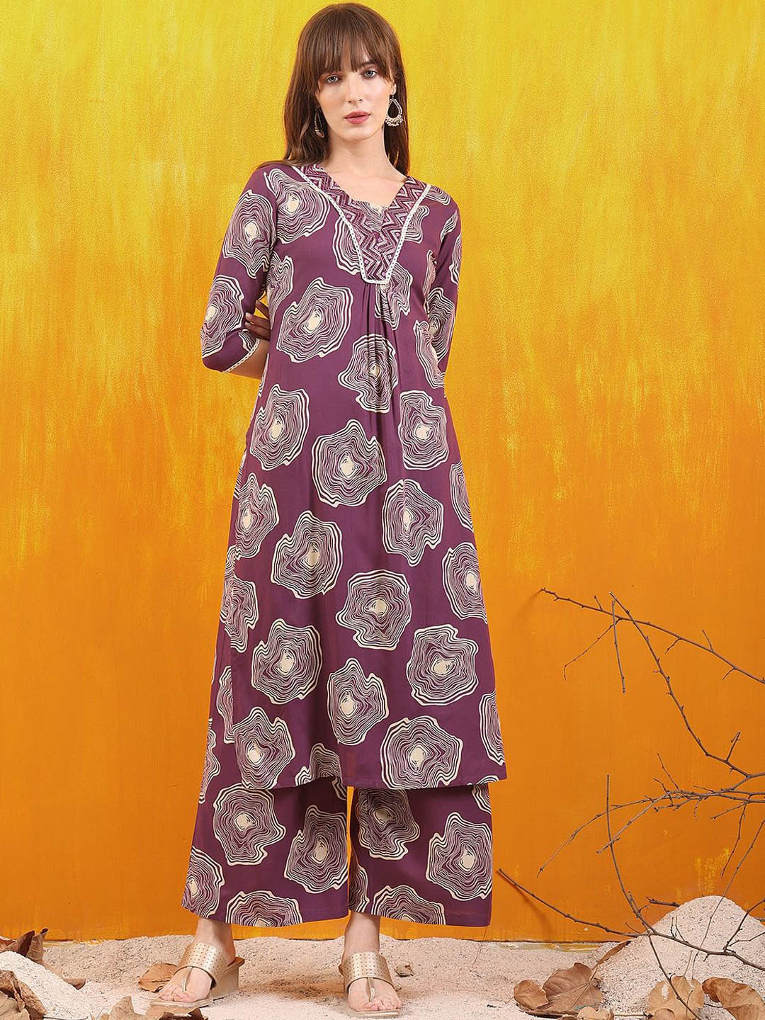 KALINI Floral Printed Thread Work V Neck Empire A-line Tunic with Palazzos