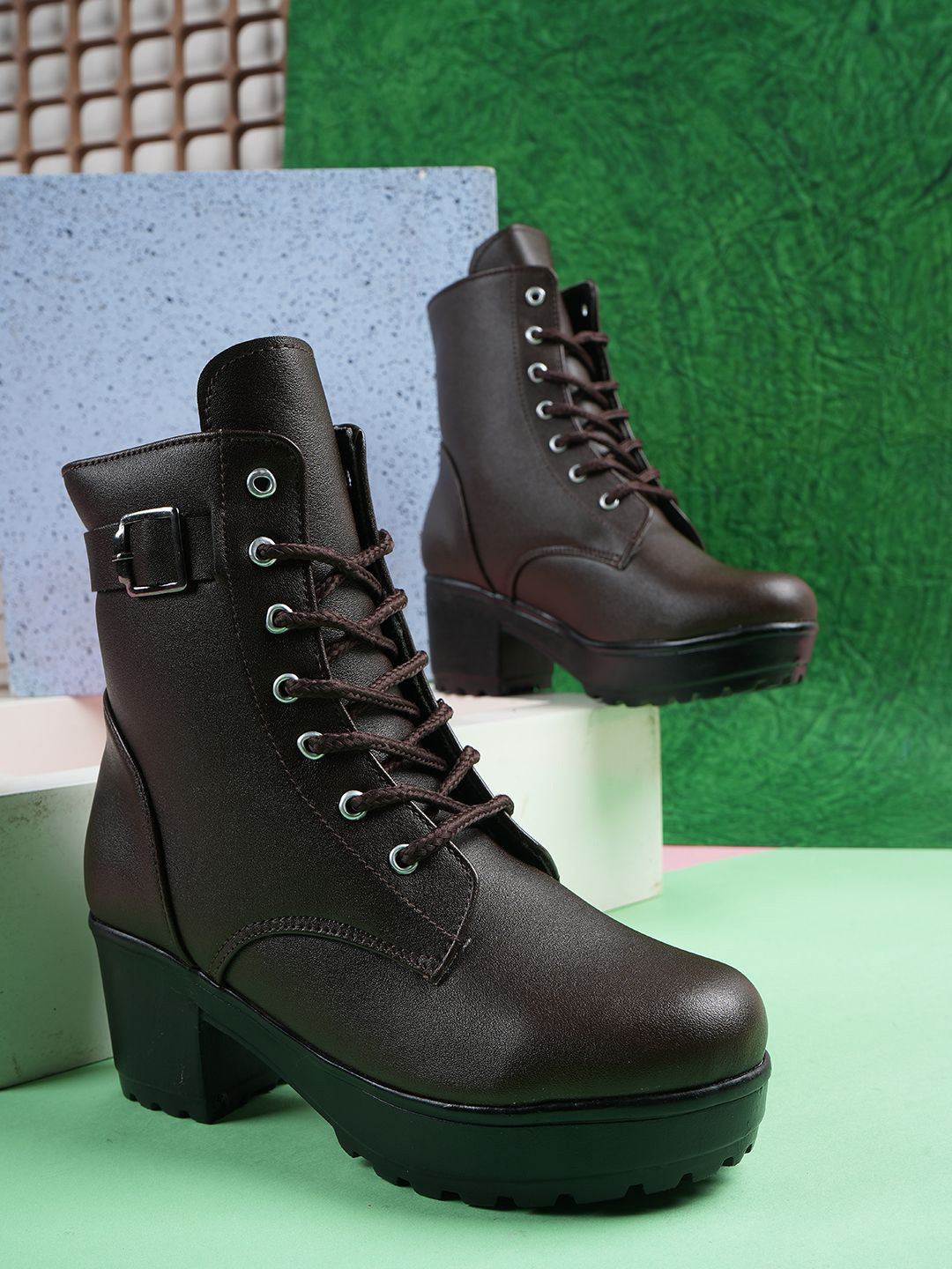 SAPATOS Women Casual Block-Heeled Lace Up Boots