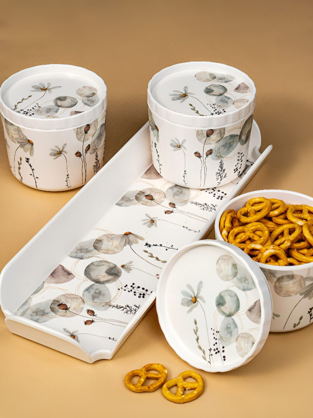 Servewell White & Grey 4 Pieces Floral Printed Melamine Dishwasher Safe Serving Set 500ml