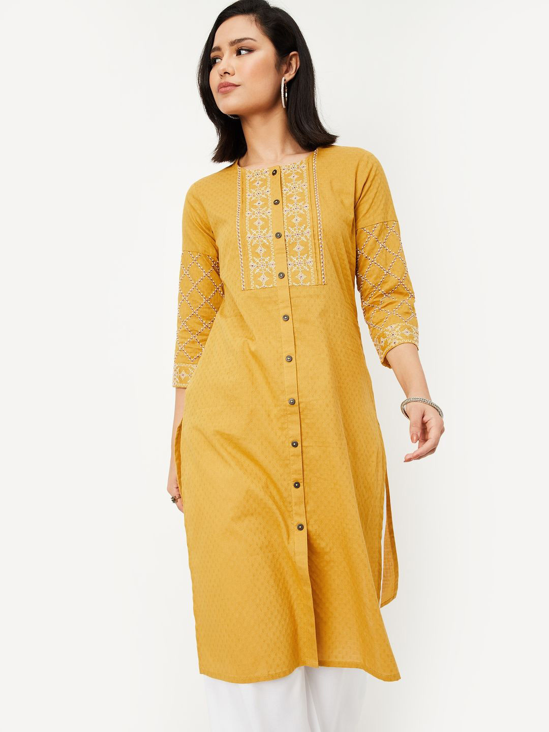max Floral Embroidered High Slit Band Collar Straight Kurta