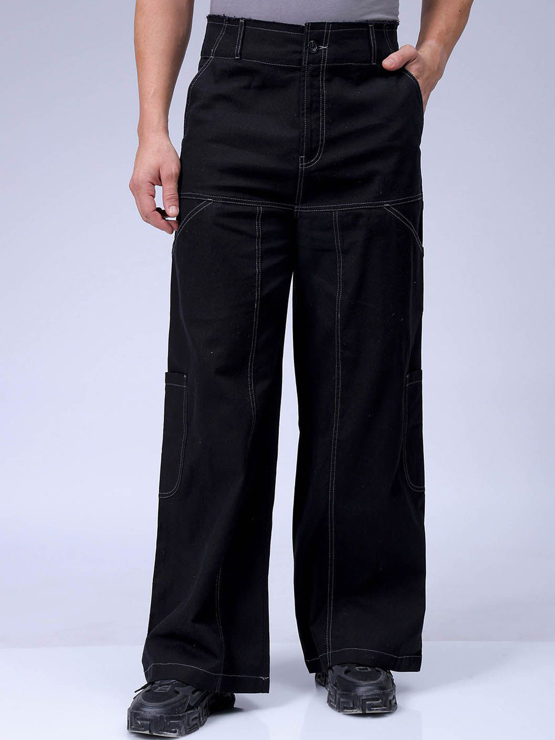 The Indian Garage Co Men Mid-Rise Wide Leg Pure Cotton Cargos