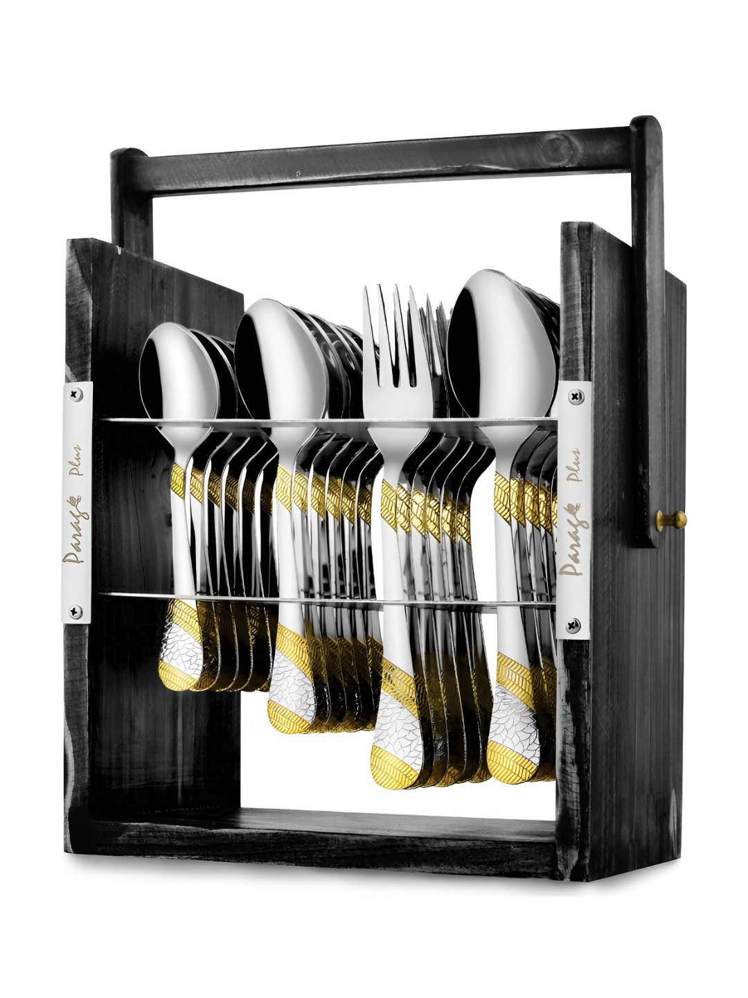 Parage Gold-Toned 25 Pieces Stainless Steel Imperial Cutlery Set with Wooden Hanging Stand
