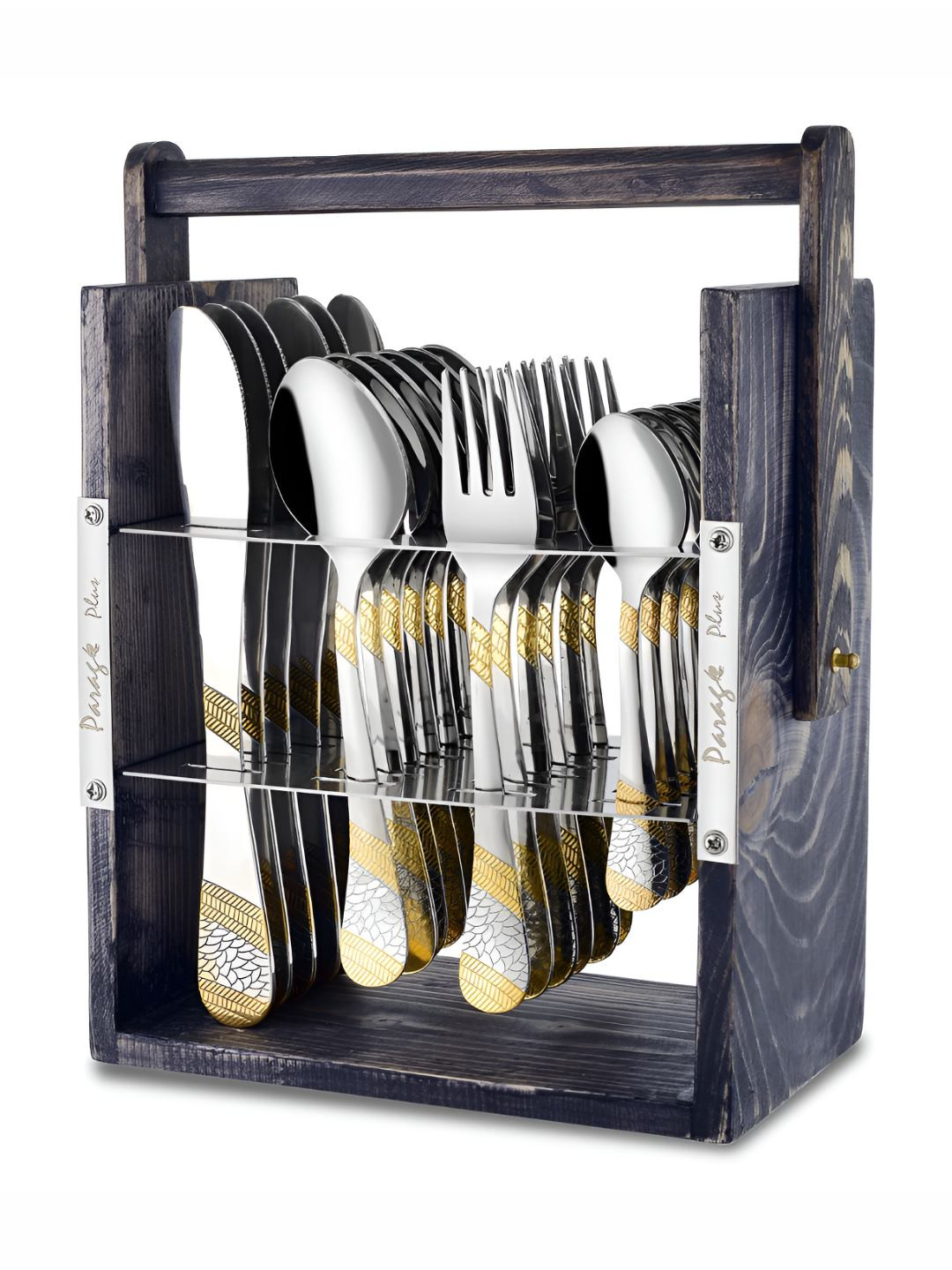 Parage Gold-Toned 25 Pieces Stainless Steel Imperial Cutlery Set with Wooden Hanging Stand