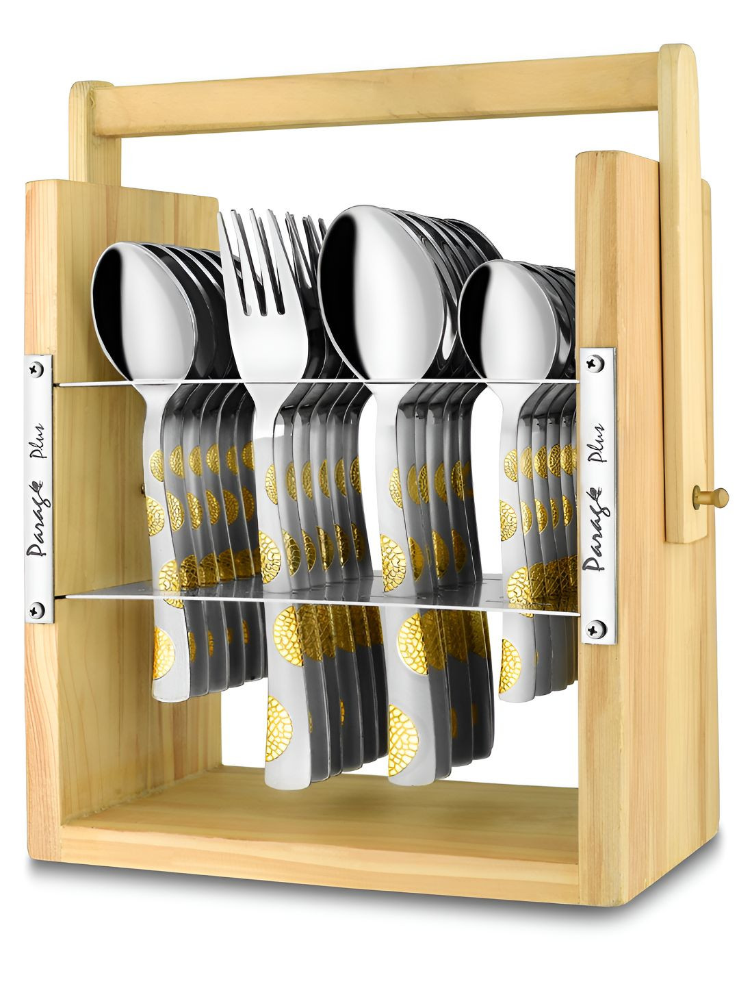 Parage Gold-Toned 25 Pieces Stainless Steel Cutlery Set With Wooden Hanging Stand