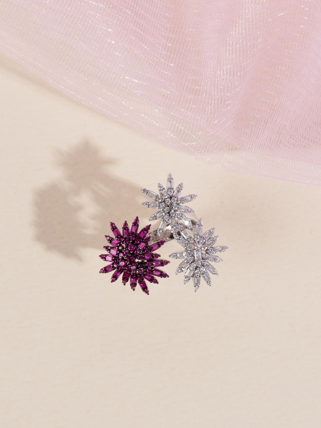 GLYTERS 92.5 Sterling Silver Stone-Studded Blossom Ruby Finger Ring