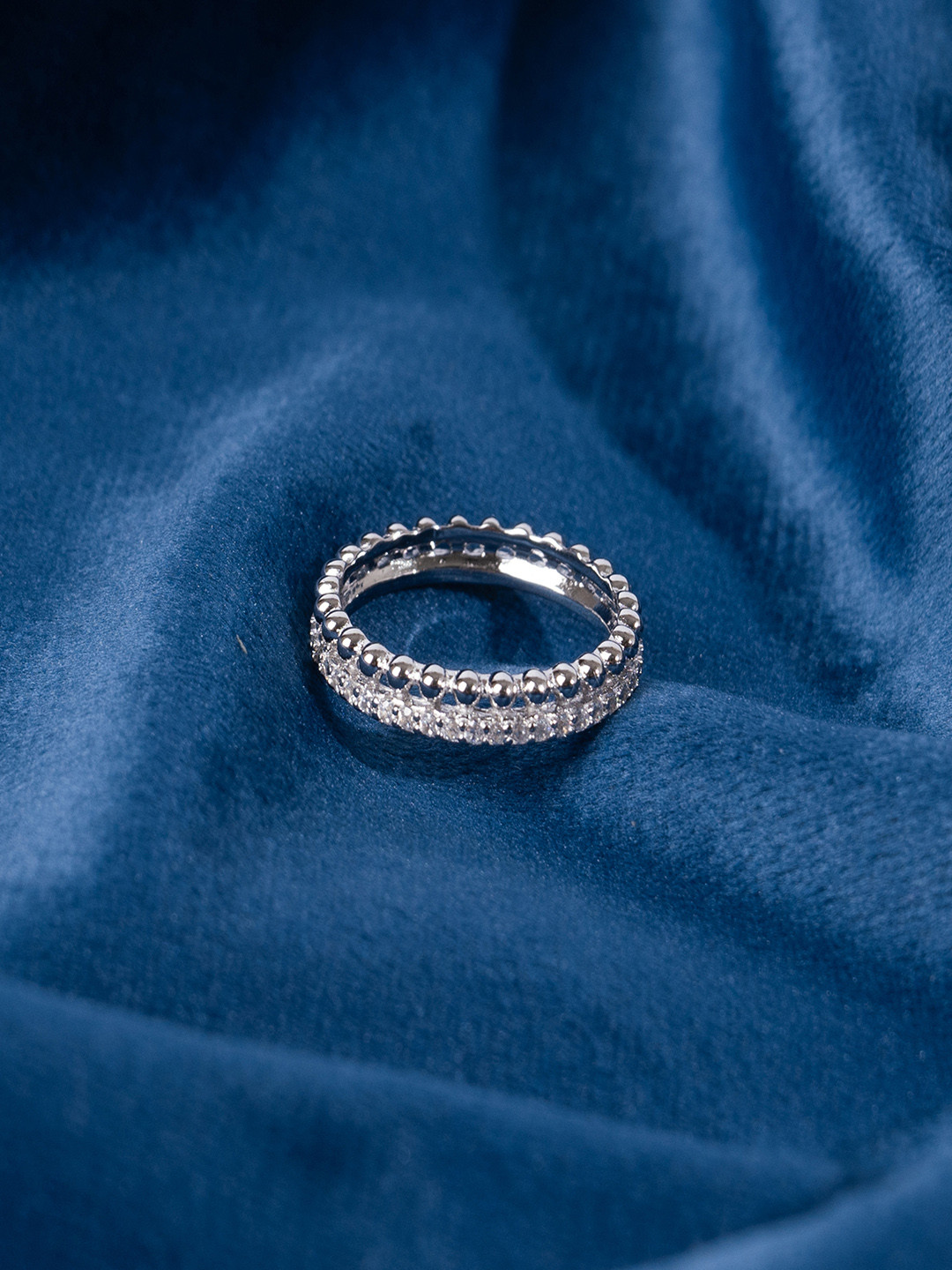 GLYTERS 92.5 Sterling Silver Stone-Studded Dual Gleam Stack Finger Ring