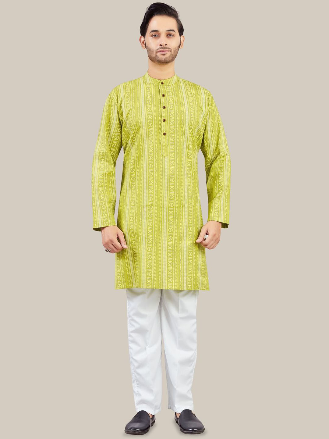 Studio Shringaar Striped Band Collar Pure Cotton Straight Kurta
