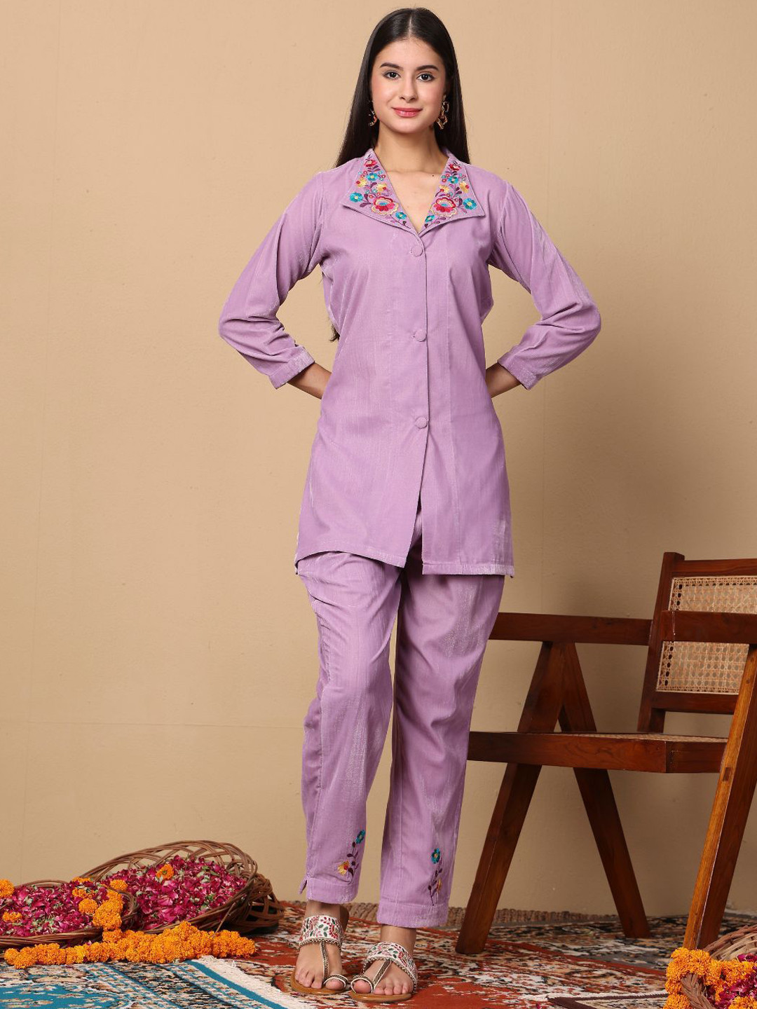 Lative Colours of Fashion Shawl Neck Thread Work Velvet Tunic With Trouser