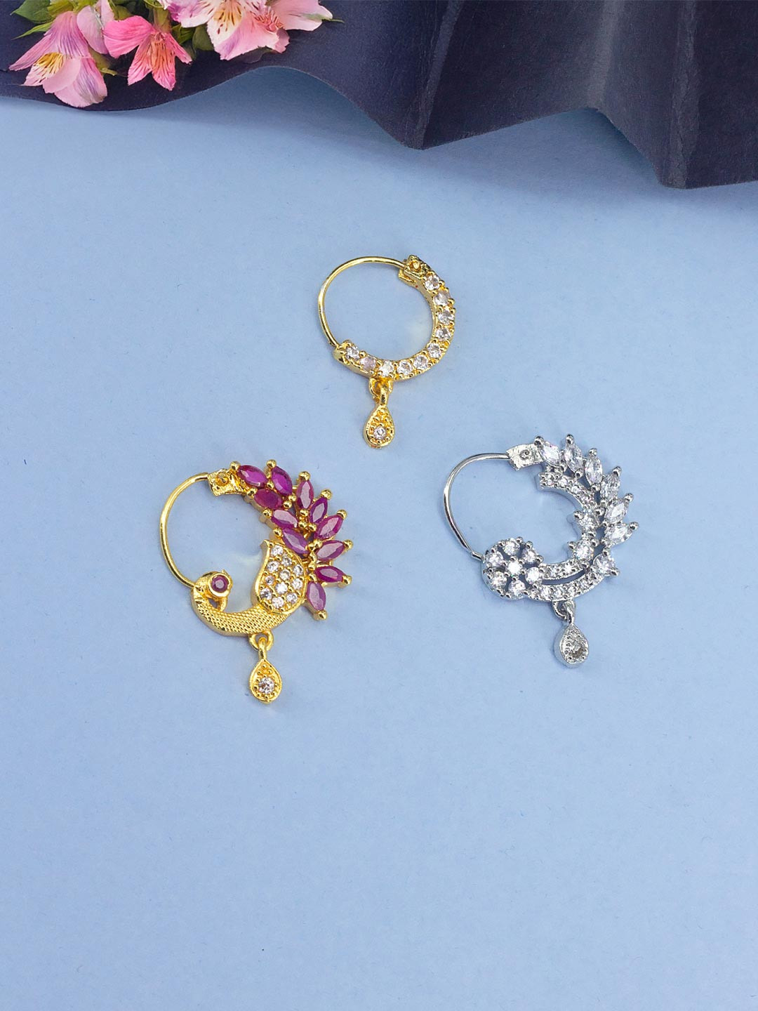 PRIVIU Set Of 3 Gold-Plated American Diamond Studded Ring Nosepin