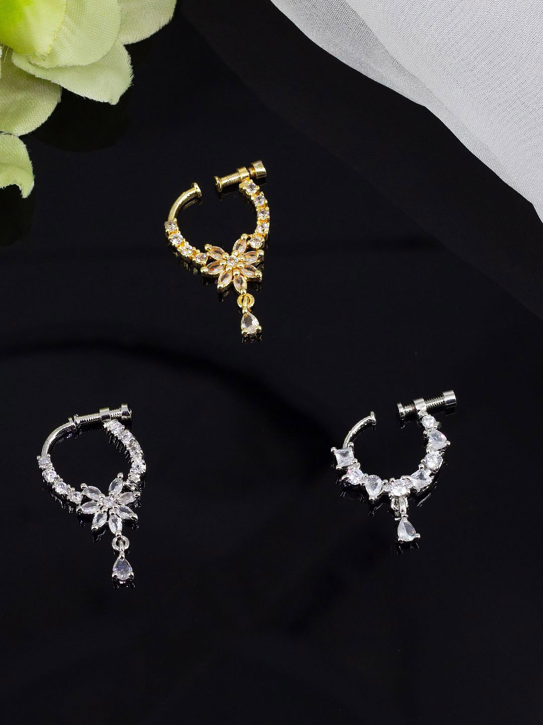 PRIVIU Set Of 3 Gold-Plated American Diamond Studded Ring Nosepin