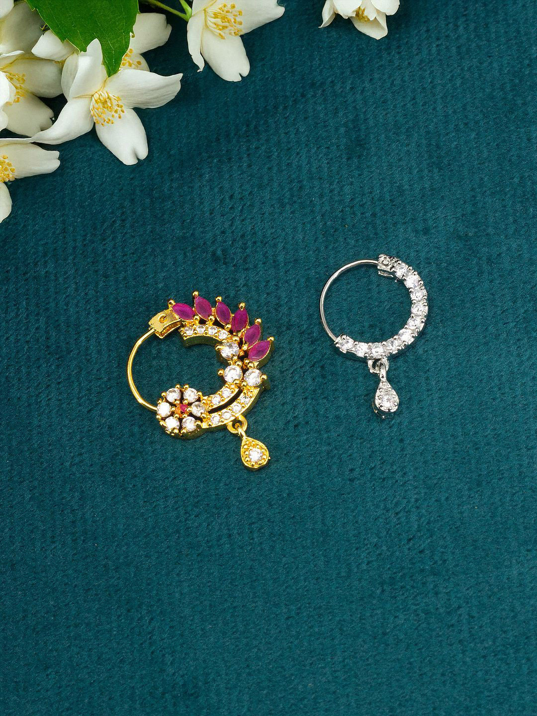 PRIVIU Set Of 2 Gold-Plated American Diamond Studded Ring Nosepin
